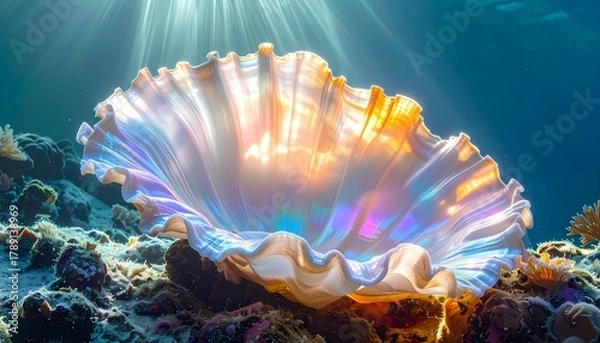 Fototapeta Giant clam with iridescent shell underwater bathed in sun rays.