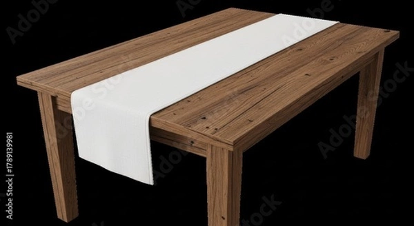 Obraz Rustic Wooden Table with White Table Runner, Textured, Surface, Dining