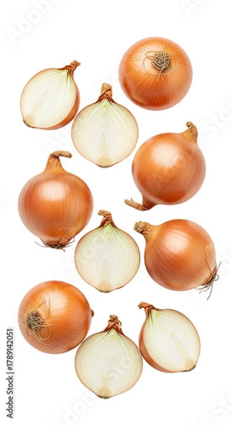 Fototapeta Overhead shot of whole and halved brown onions against a black background