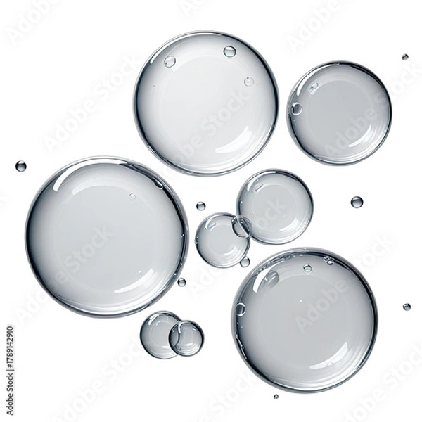 Fototapeta Transparent bubbles of varying sizes against a solid black background