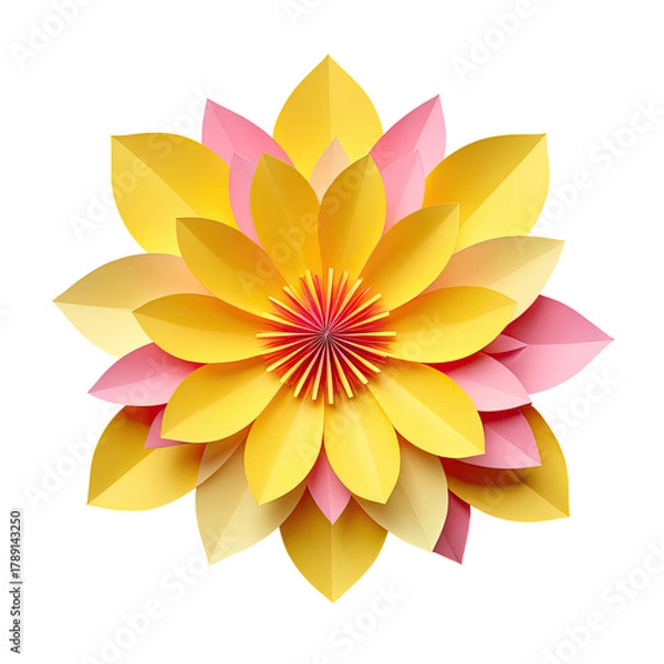 Fototapeta Paper flower with layered petals, vibrant yellow and pink colors