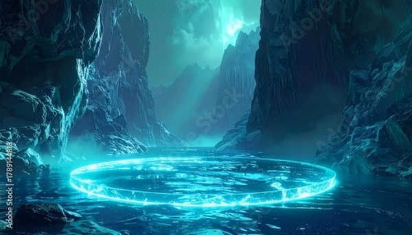 Fototapeta Mystical Glowing Portal in an Icy Cave with Ethereal Blue Light and Fog.