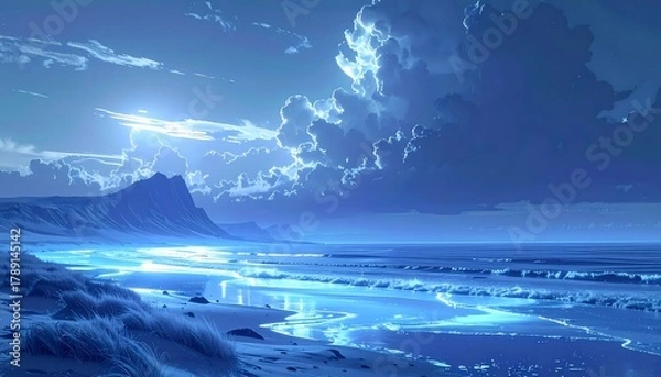 Fototapeta Mystical Blue Ocean Shoreline with Glowing Water and Distant Mountains Under a Cloudy Sky.