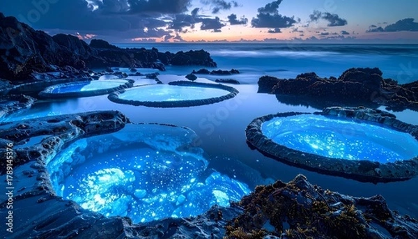 Fototapeta Bioluminescent Algae Glowing in Tidal Pools at Night.