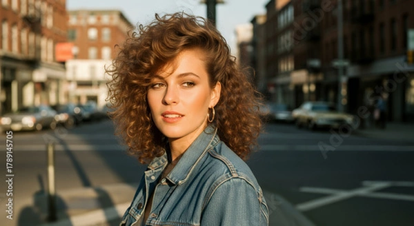 Obraz Woman in 1980s wearing a denim jacket with voluminous hair and natural makeup, photographed on a city street at golden hour with soft shadows and an authentic vintage color palette