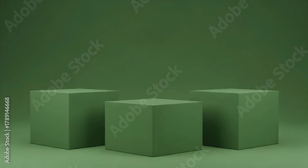 Fototapeta Empty podium product presentation or pedestal display on blank background with green cubes stand concept. Blank product shelf standing backdrop. 3D rendering.