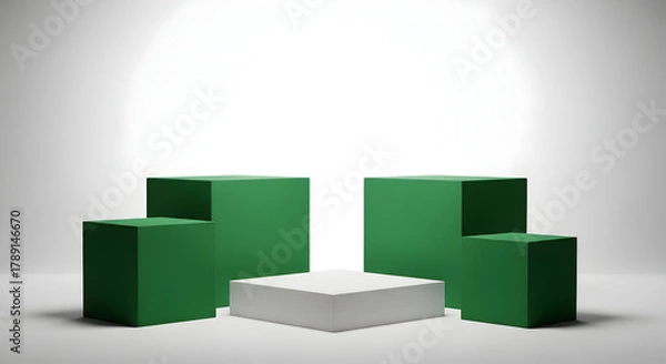 Fototapeta Empty podium product presentation or pedestal display on blank background with green cubes stand concept. Blank product shelf standing backdrop. 3D rendering.