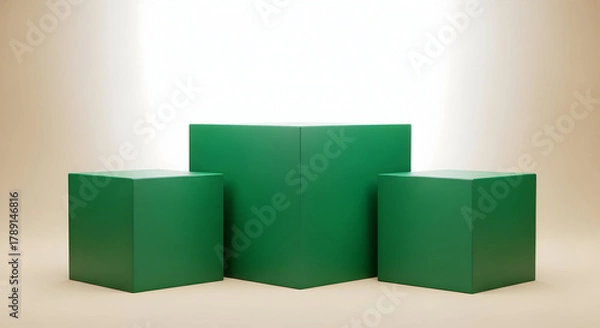 Fototapeta Empty podium product presentation or pedestal display on blank background with green cubes stand concept. Blank product shelf standing backdrop. 3D rendering.