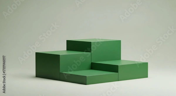 Fototapeta Empty podium product presentation or pedestal display on blank background with green cubes stand concept. Blank product shelf standing backdrop. 3D rendering.