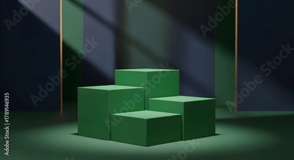 Obraz Empty podium product presentation or pedestal display on blank background with green cubes stand concept. Blank product shelf standing backdrop. 3D rendering.