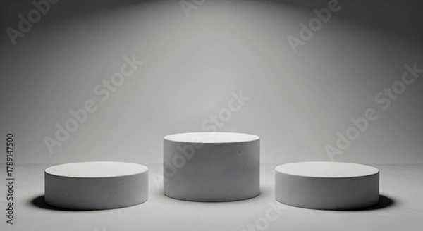 Fototapeta Empty podium product presentation or pedestal display on white background with cylinder stand concept. Blank product shelf standing backdrop. 3D rendering.
