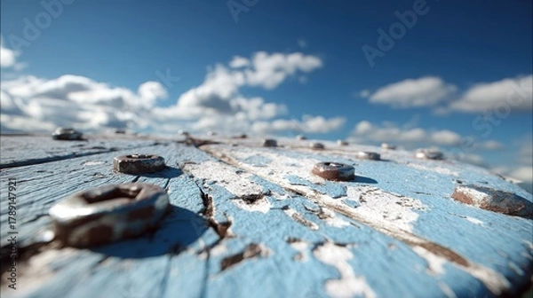 Obraz Macro view of weathered wooden surface with bolts against the sky