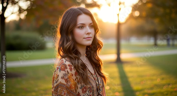 Obraz Boho girl in 2006-inspired fashion wearing a loose floral top, standing in a sunset park scene with long layered hair, natural makeup, and soft DSLR tones creating a nostalgic vintage atmosphere