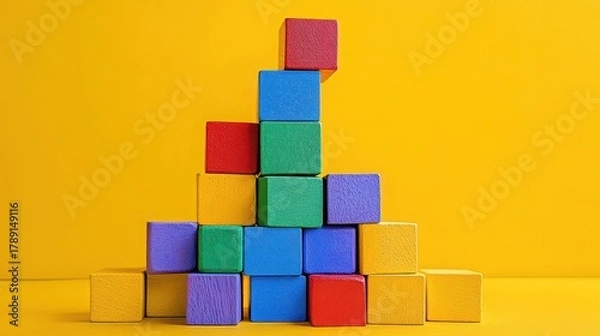 Fototapeta Pyramid of colorful wooden blocks on a yellow background, studio shot
