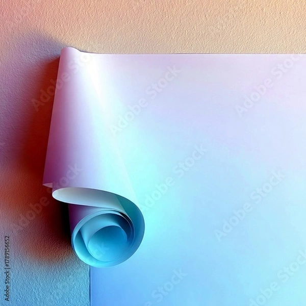 Obraz A roll of white paper is partially unfurled against a textured wall, illuminated by a gradient of warm orange to cool blue light.