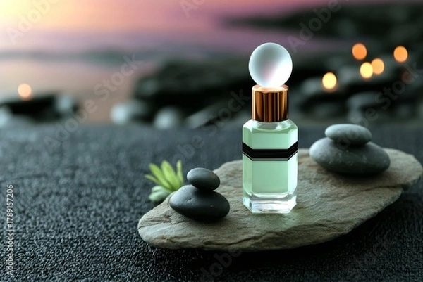 Obraz A tranquil spa setting featuring a decorative perfume bottle, balanced stones, and blurred candlelight, evoking a sense of relaxation and calm.