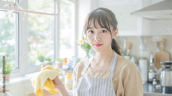 Obraz 明るいキッチンで黄色のタオルを持つ若いアジア人女性