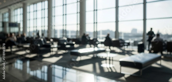 Fototapeta Blurred modern airport lounge interior with daylight and clean color tones. Contemporary travel space with structured seating and lighting, suitable for transportation backgrounds.