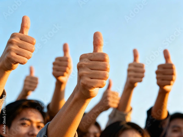 Fototapeta A group of people raising their thumbs up, expressing positive approval and agreement.
