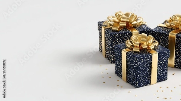 Fototapeta A Christmas gift box wrapped in elegant navy blue and gold foil bursts dynamically from the corner of the image, set against a pure white background, conveying joy, celebration, and festive generosity