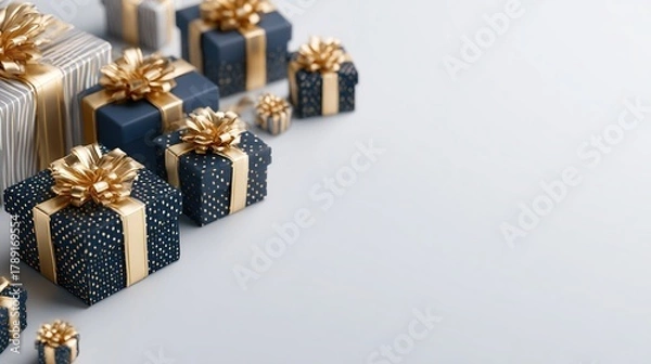 Fototapeta A Christmas gift box wrapped in elegant navy blue and gold foil bursts dynamically from the corner of the image, set against a pure white background, conveying joy, celebration, and festive generosity