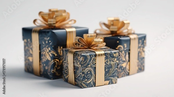 Fototapeta A Christmas gift box wrapped in elegant navy blue and gold foil bursts dynamically from the corner of the image, set against a pure white background, conveying joy, celebration, and festive generosity