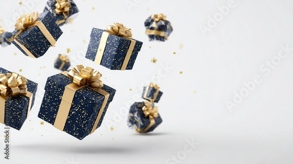 Fototapeta A Christmas gift box wrapped in elegant navy blue and gold foil bursts dynamically from the corner of the image, set against a pure white background, conveying joy, celebration, and festive generosity
