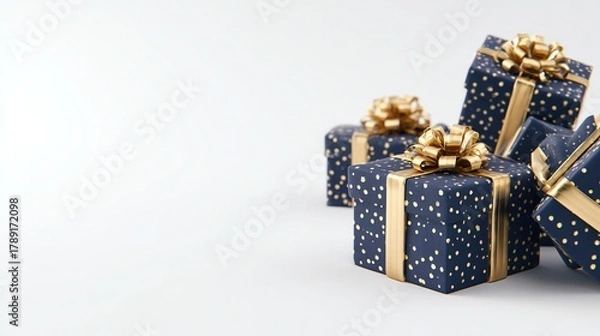 Fototapeta A Christmas gift box wrapped in elegant navy blue and gold foil bursts dynamically from the corner of the image, set against a pure white background, conveying joy, celebration, and festive generosity