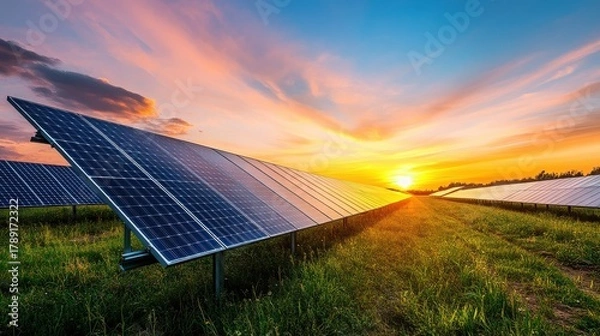 Fototapeta Solar panels in a field at sunset generating clean renewable energy now