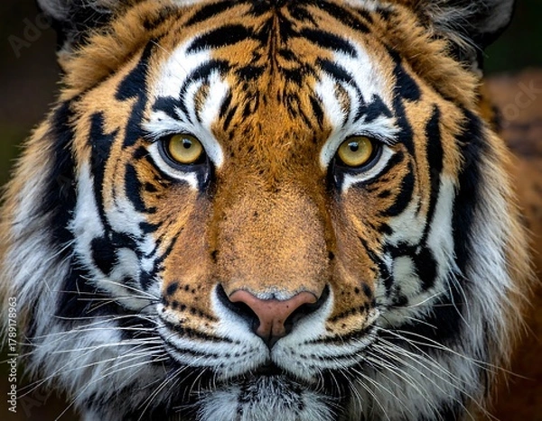 Fototapeta Close-up of a tiger's face, showcasing its intense gaze