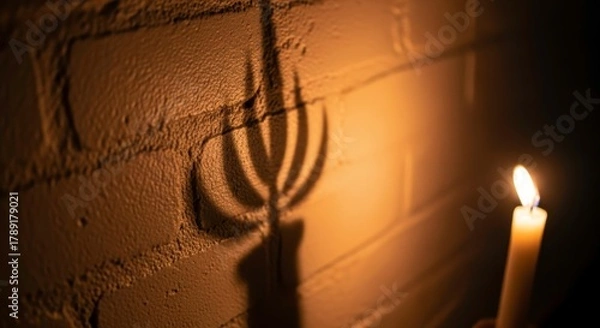 Obraz Candle casting a shadow of a menorah on a brick wall in warm, dim light