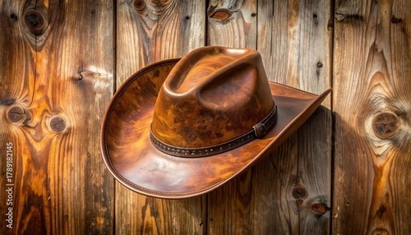 Obraz Close-up of a brown leather hat resting against a wooden surface