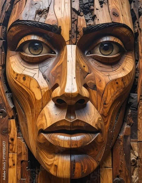 Obraz Close-up of a carved wooden face, showcasing intricate detail and texture