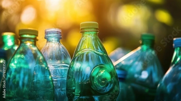 Fototapeta Group of colorful plastic bottles reflecting sunlight in a recycling concept
