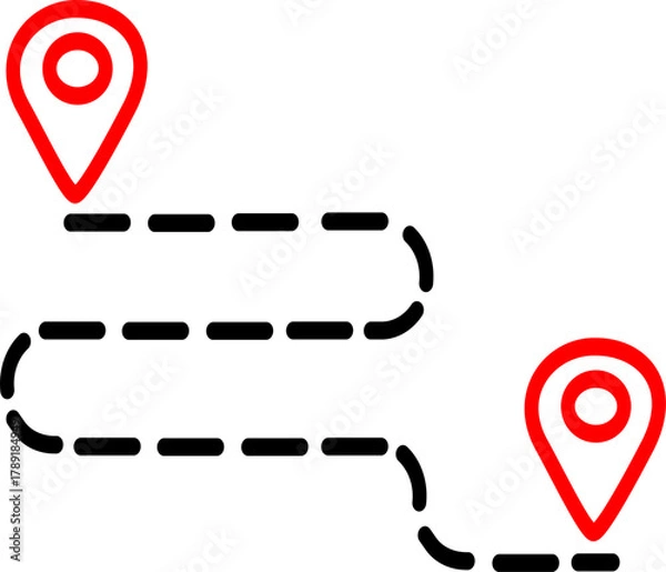 Obraz Travel route, distance vector icon. Two map pins position icon. Vector graphics and not Artificial Intelligence, logo illustration. Replaceable vector design.