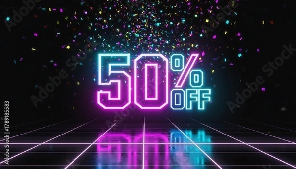 Fototapeta Neon 50% OFF sign glowing with colorful confetti on a dark futuristic grid floor