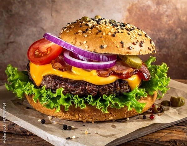 Obraz Close-up of a delicious burger with cheese and toppings