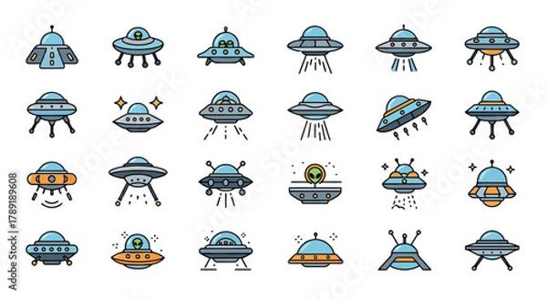 Fototapeta Diverse Vector Icon Set of Unidentified Flying Objects and Extraterrestrial Spacecraft, Perfect for Illustrating Cosmic Exploration and Science Fiction Concepts