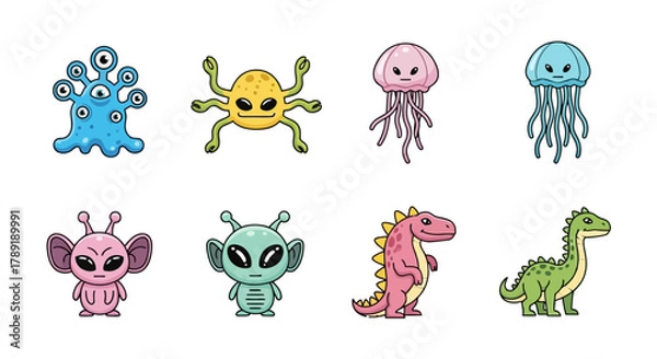 Obraz Collection of cute and friendly cartoon monsters, aliens, dinosaurs, and jellyfish for children's illustrations and designs