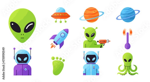 Obraz Extraterrestrial Icons Colorful Alien and Spacecraft Vector Set