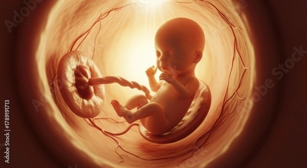 Obraz Developing human fetus in womb with umbilical cord and placenta during early gestation illustration