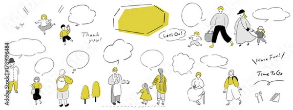 Obraz コミュニケーション__ゴールド＆シルバー.手書きイラスト＆吹き出し＆テキスト｜Talking People_Gold & Silver