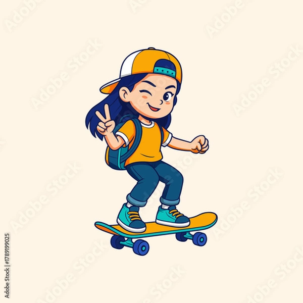 Obraz Illustration of a girl carrying a backpack playing skateboard