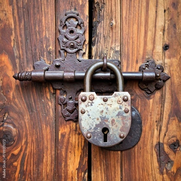 Fototapeta Close-up of an old, weathered padlock and latch on a wooden door