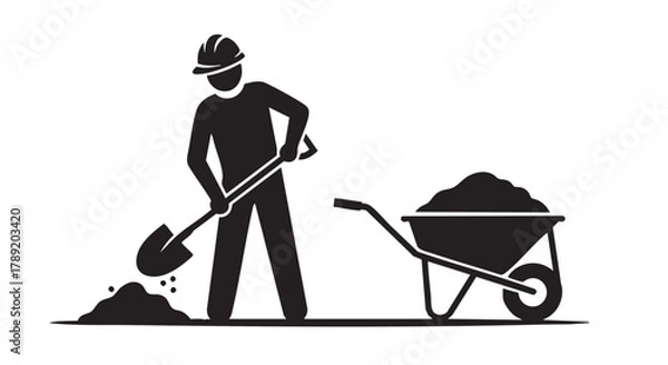 Fototapeta A construction worker uses a shovel to move dirt into a wheelbarrow, symbolizing labor and building processes on a white background.