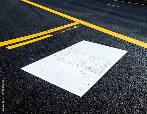 Fototapeta Close-up of asphalt road with white rectangle and yellow lines