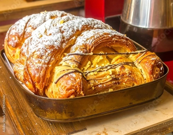 Fototapeta Close-up of baked golden pastries in a metal tray with powdered sugar