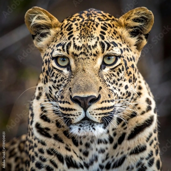 Obraz Close-up of a leopard's face, showcasing its spotted fur and piercing gaze