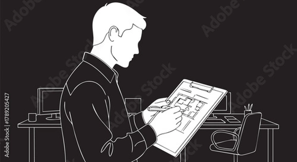 Fototapeta An architect sketches a blueprint, meticulously planning a new construction project, focusing on design elements and structural details for the building.