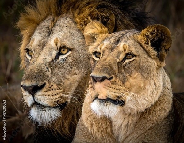 Obraz Close-up of a majestic lion and lioness gazing intently